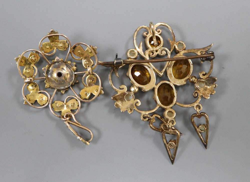 Two 9ct and gem set pendant brooches including one early 20th century, largest 46mm, gross 12.1 grams,